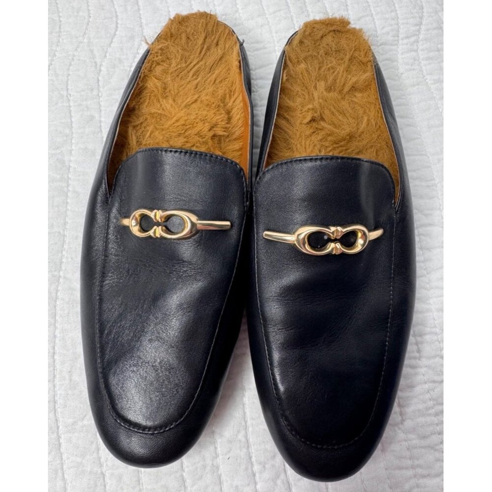 Coach Sienna Sherpa Black Leather Slip-on Slides Mules 6.5